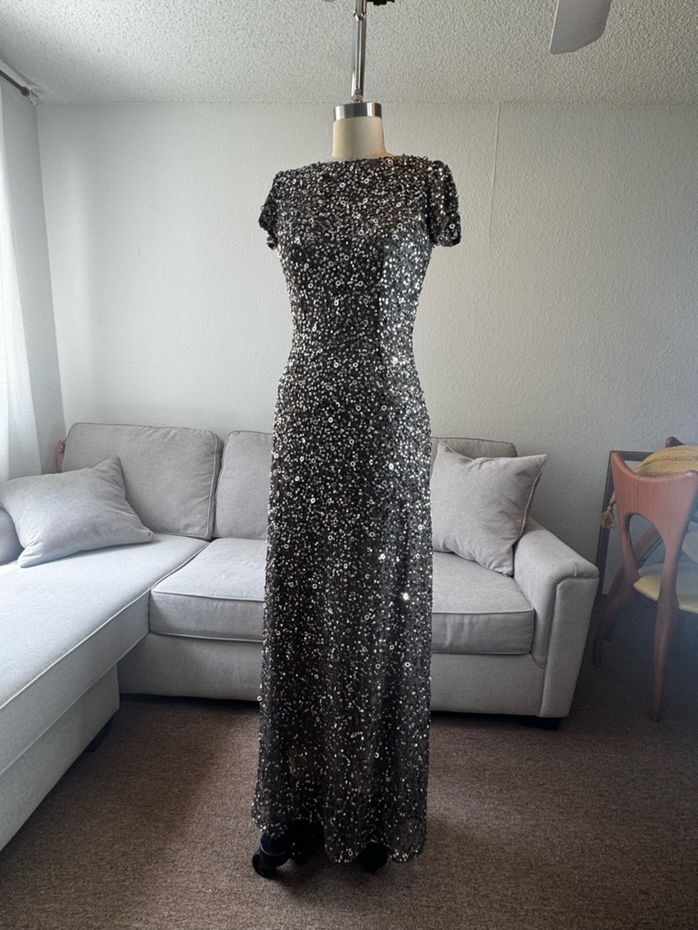 Grey Sequin Evening Gown - Elegant Floor-Length Dress